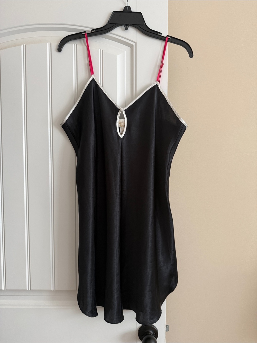 Victoria's Secret Black Satin Camisole with Pink Straps and White Trim